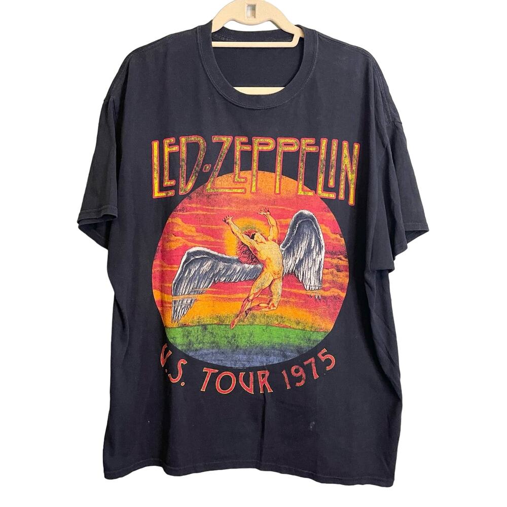 Led Zeppelin US Tour 1975 Graphic T-Shirt Size XL Black Concert Band Tee Cotton